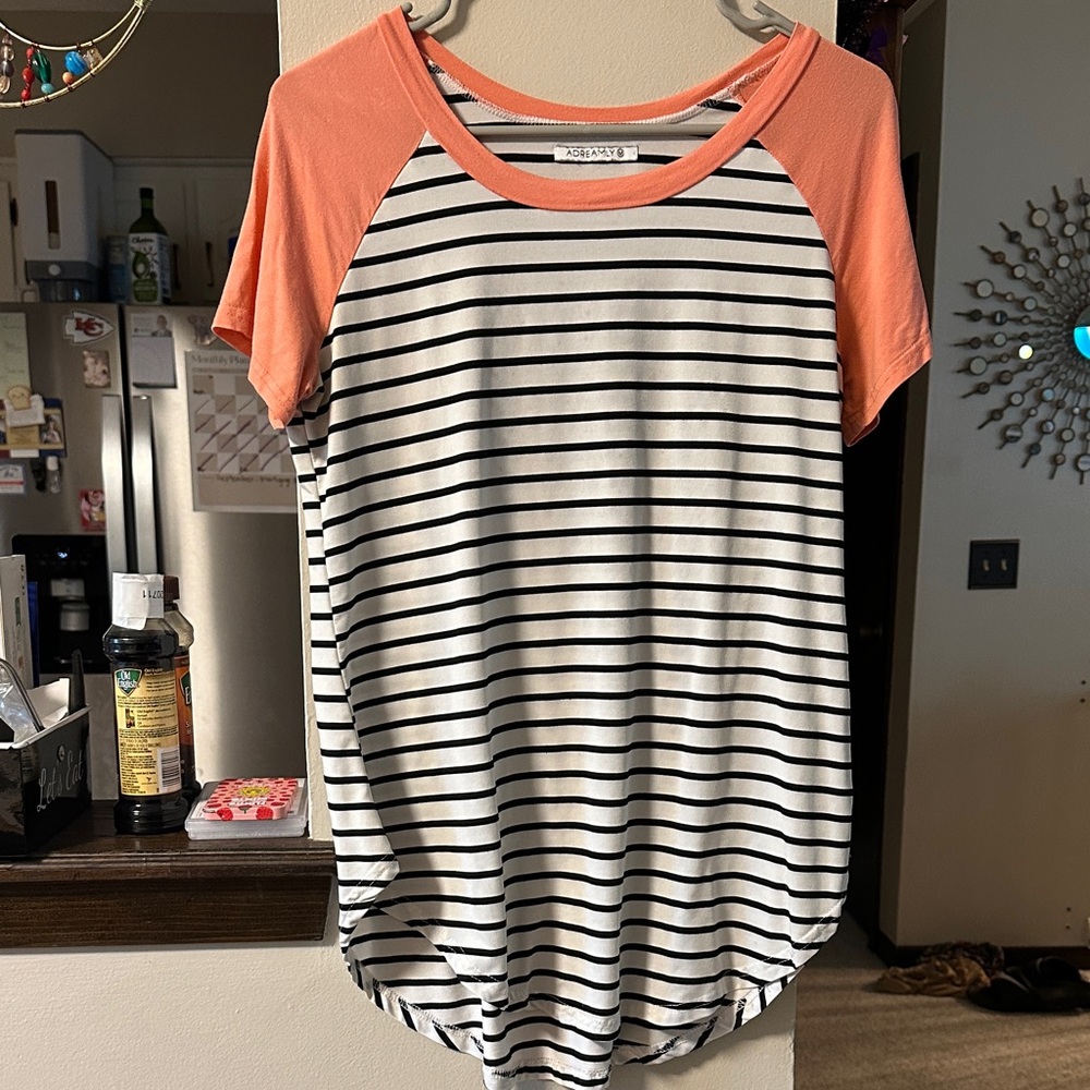Striped Tee with Coral Sleeves